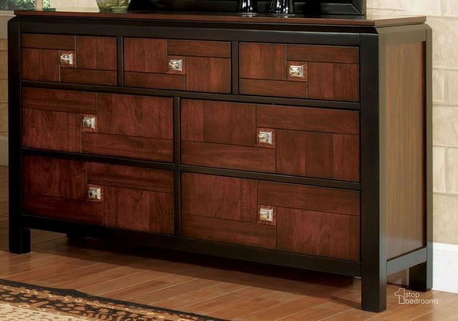The appearance of Patra Acacia and Walnut Dresser designed by Furniture of America in the transitional interior design. This brown piece of furniture  was selected by 1StopBedrooms from Patra Collection to add a touch of cosiness and style into your home. Sku: CM7152D. Material: Wood. Product Type: Dresser. Image1