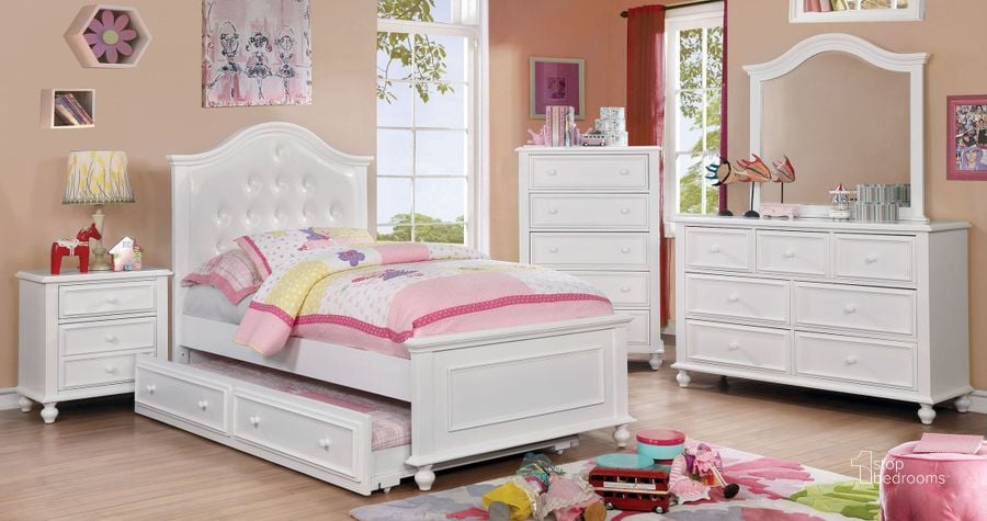 The appearance of Olivia White Youth Panel Bedroom Set designed by Furniture of America in the traditional interior design. This white piece of furniture  was selected by 1StopBedrooms from Olivia Collection to add a touch of cosiness and style into your home. Sku: CM7155WH-T-HB;CM7155WH-T-FB;CM7155WH-T-R;CM7155WH-N. Bed Type: Panel Bed. Material: Wood. Product Type: Panel Bed. Bed Size: Twin. Image1