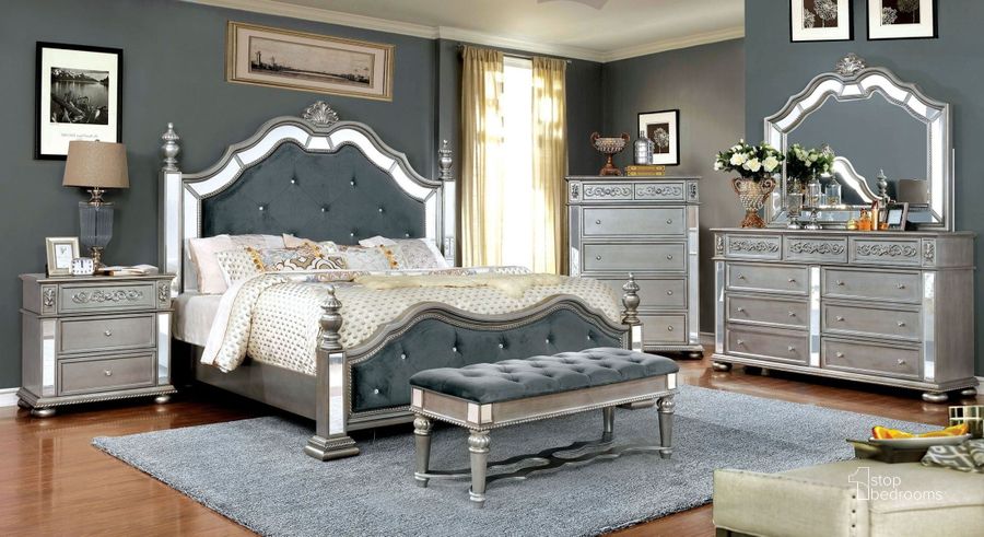 The appearance of Azha Silver Upholstered Poster Bedroom Set designed by Furniture of America in the traditional interior design. This gray piece of furniture  was selected by 1StopBedrooms from Azha Collection to add a touch of cosiness and style into your home. Sku: CM7194Q-1;CM7194Q-2;CM7194Q-3;CM7194Q-4;CM7194N. Bed Type: Poster Bed. Material: Wood. Product Type: Poster Bed. Bed Size: Queen. Image1