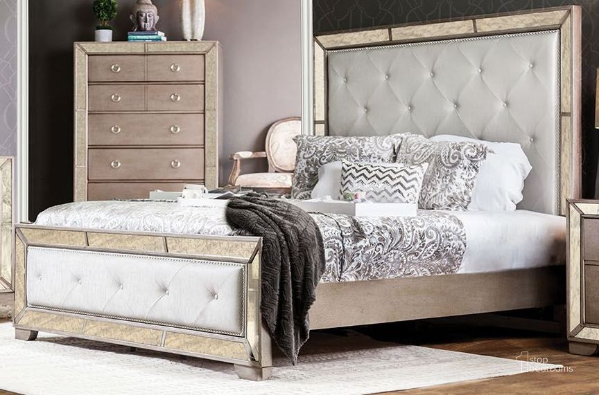 The appearance of Loraine Silver Cal. King Upholstered Panel Bed designed by Furniture of America in the modern / contemporary interior design. This silver piece of furniture  was selected by 1StopBedrooms from Loraine Collection to add a touch of cosiness and style into your home. Sku: CM7195CK-HB;CM7195CK-FB;CM7195CK-R. Bed Type: Panel Bed. Material: Upholstered. Product Type: Panel Bed. Bed Size: California King. Image1