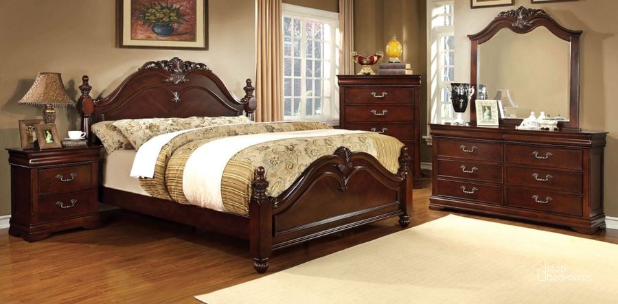 The appearance of Mandura Cherry Poster Bedroom Set designed by Furniture of America in the modern / contemporary interior design. This brown piece of furniture  was selected by 1StopBedrooms from Mandura Collection to add a touch of cosiness and style into your home. Sku: CM7260Q-HB;CM7260Q-FB;CM7260Q-R;CM7260N. Bed Type: Poster Bed. Material: Wood. Product Type: Poster Bed. Bed Size: Queen. Image1