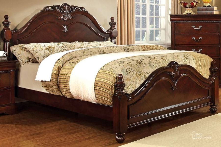 The appearance of Mandura Cherry Queen Poster Bed designed by Furniture of America in the modern / contemporary interior design. This brown piece of furniture  was selected by 1StopBedrooms from Mandura Collection to add a touch of cosiness and style into your home. Sku: CM7260Q-HB;CM7260Q-FB;CM7260Q-R. Bed Type: Poster Bed. Material: Wood. Product Type: Poster Bed. Bed Size: Queen. Image1