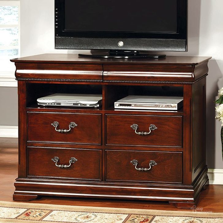 The appearance of Mandura Cherry Media Chest designed by Furniture of America in the modern / contemporary interior design. This brown piece of furniture  was selected by 1StopBedrooms from Mandura Collection to add a touch of cosiness and style into your home. Sku: CM7260TV. Material: Wood. Product Type: Media Chest. Image1