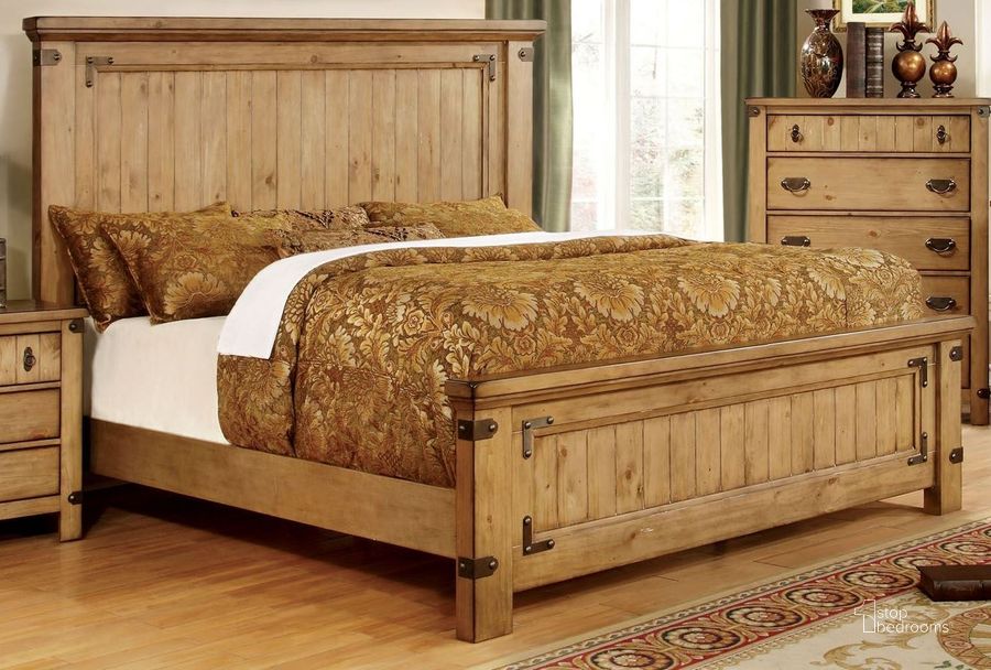 The appearance of Pioneer Burnished Pine Queen Bed designed by Furniture of America in the country / farmhouse interior design. This brown piece of furniture  was selected by 1StopBedrooms from Pioneer Collection to add a touch of cosiness and style into your home. Sku: CM7449Q-HB;CM7449Q-FB;CM7449Q-R. Bed Type: Panel Bed. Material: Wood. Product Type: Panel Bed. Bed Size: Queen. Image1