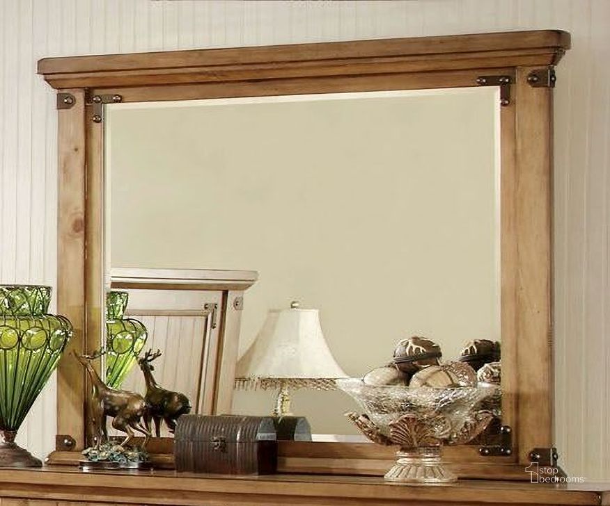 The appearance of Pioneer Burnished Pine Mirror designed by Furniture of America in the country / farmhouse interior design. This brown piece of furniture  was selected by 1StopBedrooms from Pioneer Collection to add a touch of cosiness and style into your home. Sku: CM7449M. Material: Wood. Product Type: Dresser Mirror. Image1