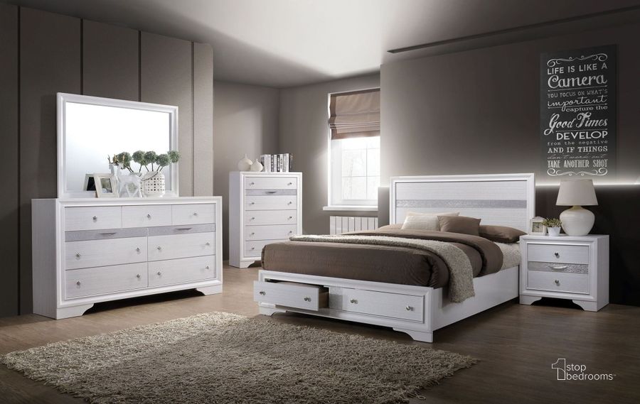 The appearance of Chrissy White Storage Platform Bedroom Set designed by Furniture of America in the modern / contemporary interior design. This white piece of furniture  was selected by 1StopBedrooms from Chrissy Collection to add a touch of cosiness and style into your home. Sku: CM7552Q-HBFB;CM7552Q-R;CM7552Q-DR;CM7552N. Bed Type: Platform Bed. Material: Wood. Product Type: Platform Bed. Bed Size: Queen. Image1