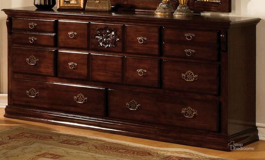 The appearance of Tuscan II Glossy Dark Pine Dresser designed by Furniture of America in the traditional interior design. This brown piece of furniture  was selected by 1StopBedrooms from Tuscan Collection to add a touch of cosiness and style into your home. Sku: CM7571D. Material: Wood. Product Type: Dresser.
