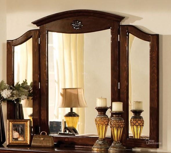 The appearance of Tuscan II Glossy Dark Pine Tri-Fold Mirror designed by Furniture of America in the traditional interior design. This brown piece of furniture  was selected by 1StopBedrooms from Tuscan Collection to add a touch of cosiness and style into your home. Sku: CM7571M. Material: Wood. Product Type: Dresser Mirror. Image1