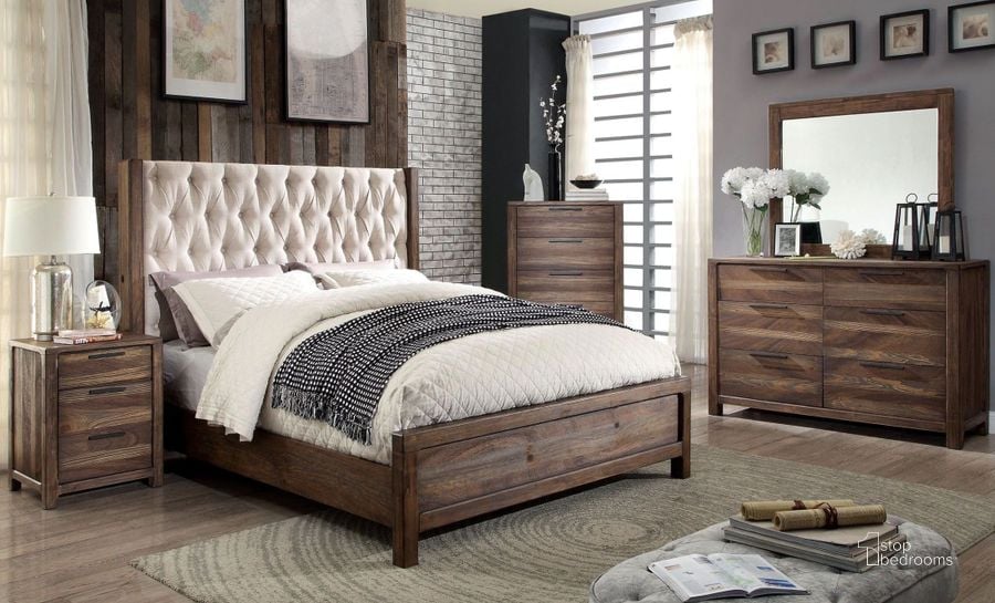 The appearance of Hutchinson Rustic Natural Tone Upholstered Panel Bedroom Set designed by Furniture of America in the transitional interior design. This brown piece of furniture  was selected by 1StopBedrooms from Hutchinson Collection to add a touch of cosiness and style into your home. Sku: CM7577Q-HB;CM7577Q-FB;CM7577Q-R4;CM7576N. Bed Type: Panel Bed. Material: Wood. Product Type: Panel Bed. Bed Size: King. Image1