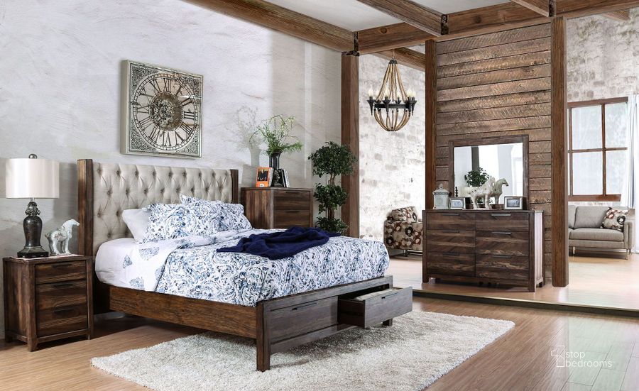 The appearance of Hutchinson Rustic Natural Tone Upholstered Panel Storage Bedroom Set designed by Furniture of America in the transitional interior design. This brown piece of furniture  was selected by 1StopBedrooms from Hutchinson Collection to add a touch of cosiness and style into your home. Sku: CM7577EK-HB;CM7577EK-FBDR;CM7577EK-R12;CM7576N. Bed Type: Panel Bed. Material: Wood. Product Type: Panel Bed. Bed Size: King. Image1
