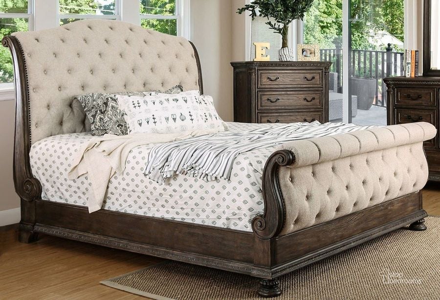 The appearance of Lysandra Rustic Natural Tone Queen Sleigh Bed designed by Furniture of America in the transitional interior design. This brown piece of furniture  was selected by 1StopBedrooms from Lysandra Collection to add a touch of cosiness and style into your home. Sku: CM7663Q-HB;CM7663Q-FB;CM7663Q-R. Bed Type: Sleigh Bed. Material: Fabric. Product Type: Sleigh Bed. Bed Size: Queen. Image1