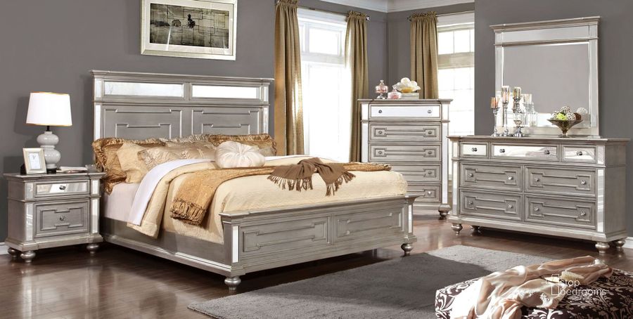 The appearance of Salamanca Silver Panel Bedroom Set designed by Furniture of America in the modern / contemporary interior design. This silver piece of furniture  was selected by 1StopBedrooms from Salamanca Collection to add a touch of cosiness and style into your home. Sku: CM7673Q-HB;CM7673Q-FB;CM7673Q-R;CM7673N. Bed Type: Panel Bed. Material: Wood. Product Type: Panel Bed. Bed Size: Queen. Image1
