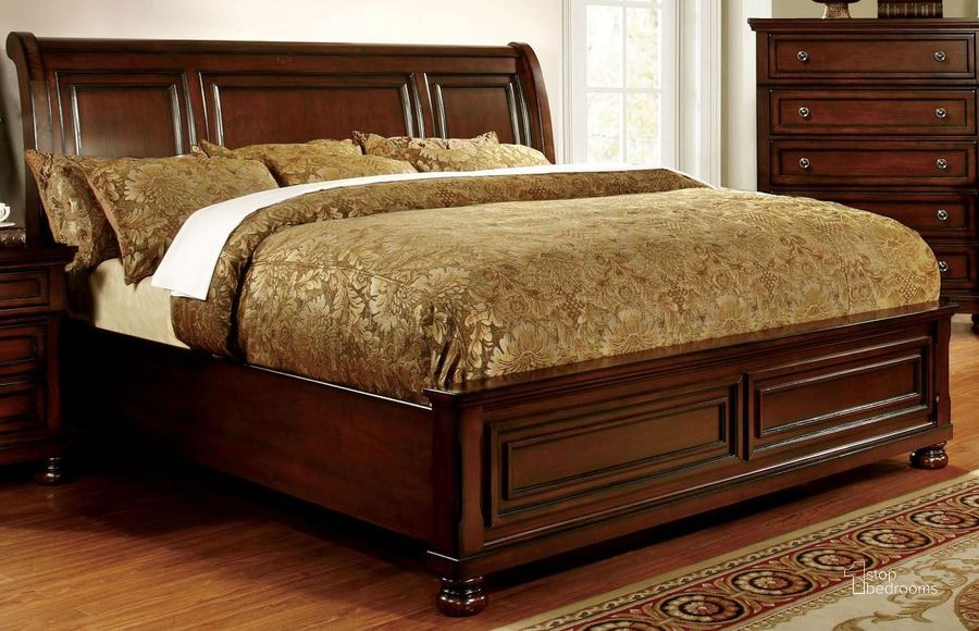 The appearance of Northville Dark Cherry Queen Bed designed by Furniture of America in the transitional interior design. This brown piece of furniture  was selected by 1StopBedrooms from Northville Collection to add a touch of cosiness and style into your home. Sku: CM7682Q-HB;CM7682Q-FB;CM7682Q-R. Material: Wood. Product Type: Sleigh Bed. Bed Size: Queen. Image1