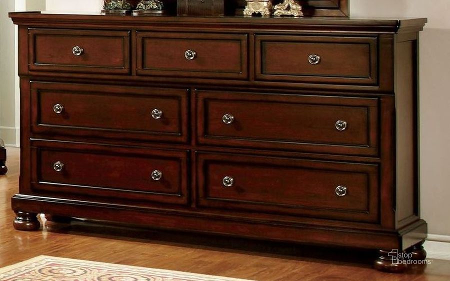 The appearance of Northville Dark Cherry Dresser designed by Furniture of America in the transitional interior design. This brown piece of furniture  was selected by 1StopBedrooms from Northville Collection to add a touch of cosiness and style into your home. Sku: CM7682D. Material: Wood. Product Type: Dresser. Image1