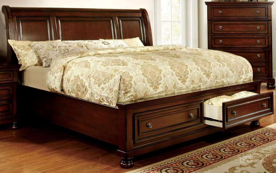 The appearance of Northville Dark Cherry Queen Platform Storage Bed designed by Furniture of America in the transitional interior design. This brown piece of furniture  was selected by 1StopBedrooms from Northville Collection to add a touch of cosiness and style into your home. Sku: CM7683Q-HB;CM7683Q-FB;CM7683Q-R. Bed Type: Storage Bed. Material: Wood. Product Type: Storage Bed. Bed Size: Queen. Image1