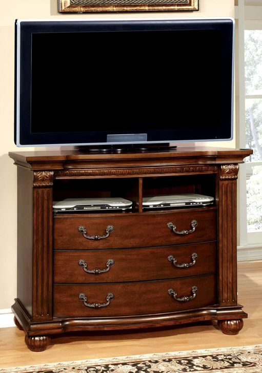 The appearance of Grandom Cherry Media Chest designed by Furniture of America in the traditional interior design. This brown piece of furniture  was selected by 1StopBedrooms from Grandom Collection to add a touch of cosiness and style into your home. Sku: CM7736TV. Material: Wood. Product Type: Media Chest. Image1