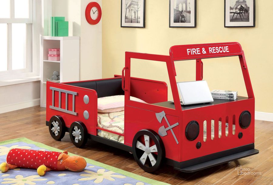 The appearance of Rescuer Fire Truck Twin Bed designed by Furniture of America in the modern / contemporary interior design. This black piece of furniture  was selected by 1StopBedrooms from Rescuer Collection to add a touch of cosiness and style into your home. Sku: CM7767-1;CM7767-2. Material: Metal. Bed Size: Twin. Product Type: Novelty Bed. Bed Type: Novelty Bed. Image1
