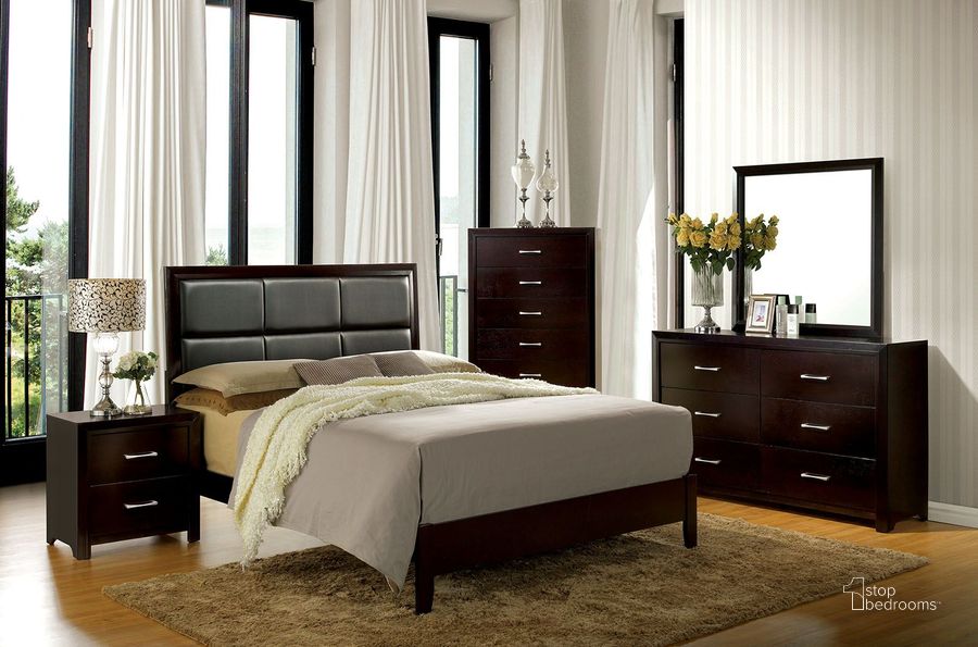 The appearance of Janine Espresso Upholstered Platform Bedroom Set designed by Furniture of America in the modern / contemporary interior design. This brown piece of furniture  was selected by 1StopBedrooms from Janine Collection to add a touch of cosiness and style into your home. Sku: CM7868Q-HBFB;CM7868Q-R;CM7868N. Bed Type: Platform Bed. Material: Wood. Product Type: Platform Bed. Bed Size: Queen. Image1