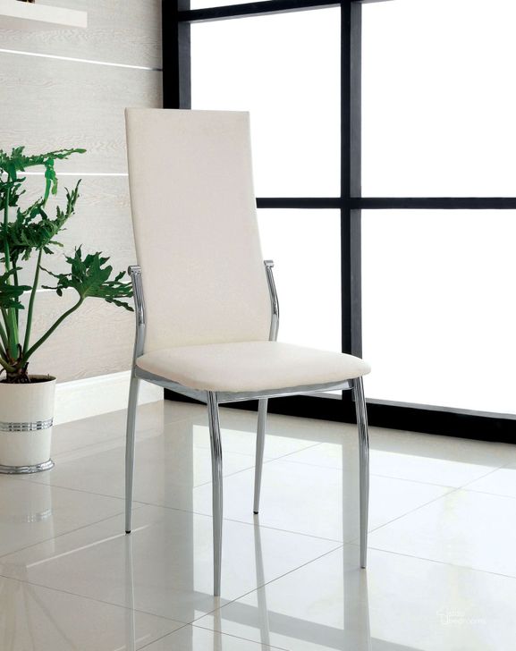 The appearance of Kalawao White Leatherette Side Chair Set of 2 designed by Furniture of America in the modern / contemporary interior design. This white piece of furniture  was selected by 1StopBedrooms from Kalawao Collection to add a touch of cosiness and style into your home. Sku: CM8310WH-SC-2PK. Product Type: Side Chair. Material: Vinyl.