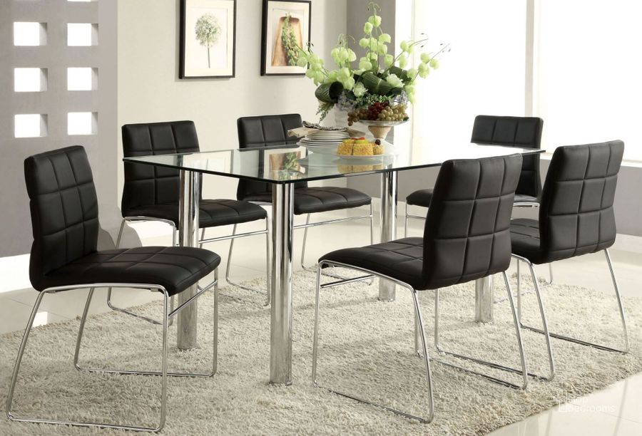 The appearance of Oahu Glass Top Rectangular Leg Dining Room Set designed by Furniture of America in the modern / contemporary interior design. This chrome piece of furniture  was selected by 1StopBedrooms from Oahu Collection to add a touch of cosiness and style into your home. Sku: CM8319T-1;CM8319T-2;CM8320BK-SC-2PK. Product Type: Dining Room Set. Table Top Shape: Rectangular. Material: Chrome. Image1