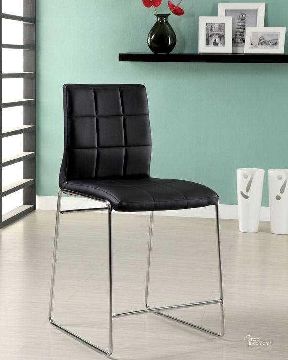 The appearance of Kona II Black Leatherette Counter Height Chair Set of 2 designed by Furniture of America in the modern / contemporary interior design. This black piece of furniture  was selected by 1StopBedrooms from Kona Ii Collection to add a touch of cosiness and style into your home. Sku: CM8320BK-PC-2PK. Product Type: Counter Height Chair. Material: Vinyl. Image1