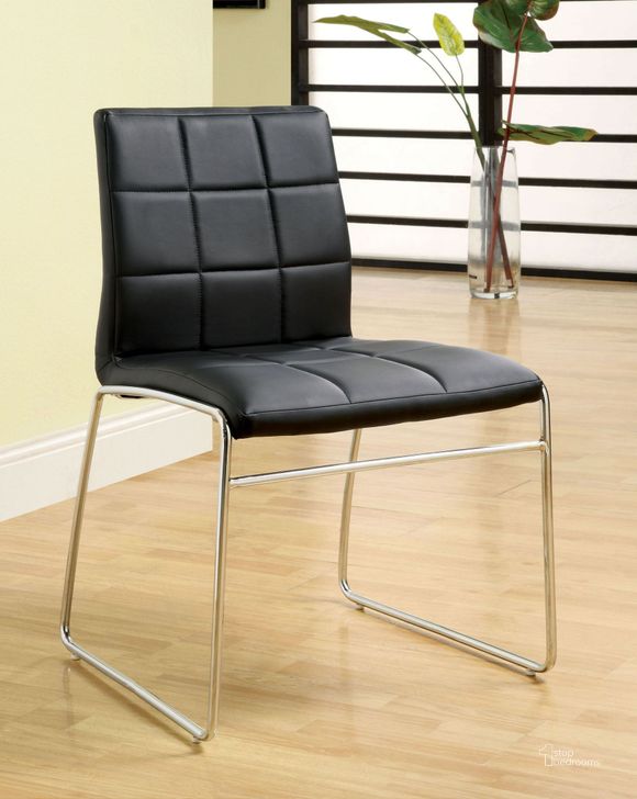 The appearance of Oahu Black Leatherette Side Chair Set of 2 designed by Furniture of America in the modern / contemporary interior design. This black piece of furniture  was selected by 1StopBedrooms from Oahu Collection to add a touch of cosiness and style into your home. Sku: CM8320BK-SC-2PK. Product Type: Side Chair. Material: Vinyl.