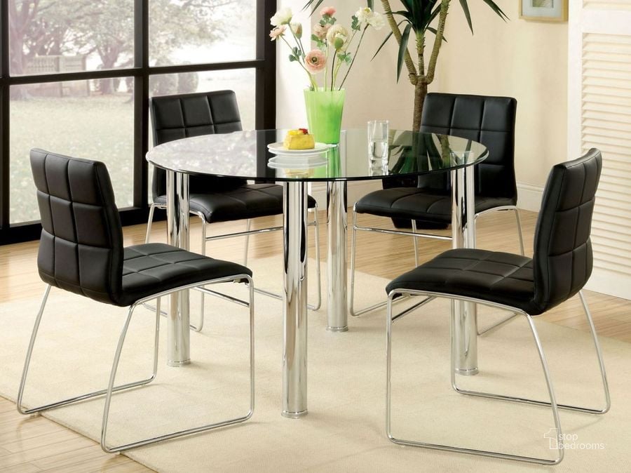 The appearance of Kona I Glass Top Round Leg Dining Room Set designed by Furniture of America in the modern / contemporary interior design. This chrome piece of furniture  was selected by 1StopBedrooms from Kona Collection to add a touch of cosiness and style into your home. Sku: CM8320T-1;CM8320T-2;CM8320BK-SC-2PK. Table Top Shape: Round. Product Type: Dining Room Set. Material: Chrome. Image1
