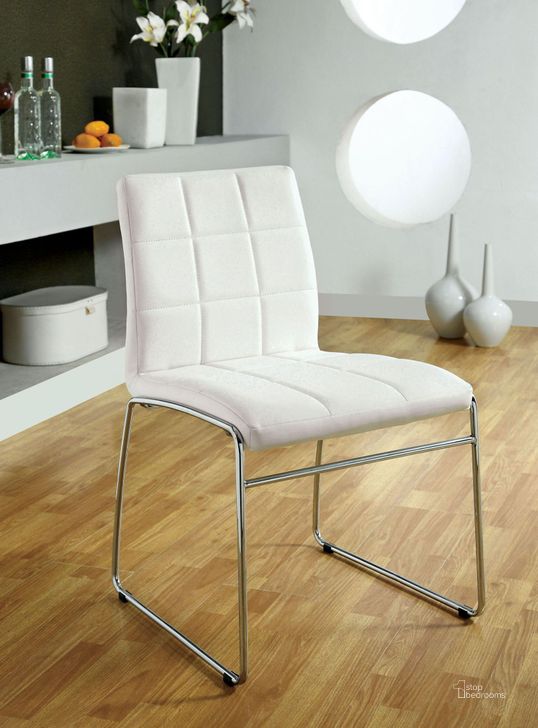 The appearance of Oahu White Leatherette Side Chair In White Set of 2 designed by Furniture of America in the modern / contemporary interior design. This black piece of furniture  was selected by 1StopBedrooms from Oahu Collection to add a touch of cosiness and style into your home. Sku: CM8320WH-SC-2PK. Product Type: Side Chair. Material: Vinyl.