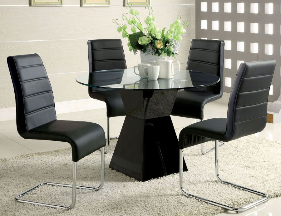The appearance of Mauna Black Glass Top Round Pedestal Dining Room Set designed by Furniture of America in the modern / contemporary interior design. This black piece of furniture  was selected by 1StopBedrooms from Mauna Collection to add a touch of cosiness and style into your home. Sku: CM8371T-BK-1;CM8371T-2;CM8371BK-SC-2PK. Table Top Shape: Round. Material: Wood. Product Type: Dining Room Set. Image1
