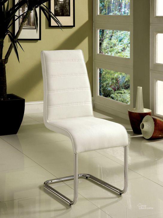 The appearance of Glenview White Leatherette Side Chair Set of 2 designed by Furniture of America in the modern / contemporary interior design. This white piece of furniture  was selected by 1StopBedrooms from Glenview Collection to add a touch of cosiness and style into your home. Sku: CM8371WH-SC-2PK. Product Type: Side Chair. Material: Vinyl.