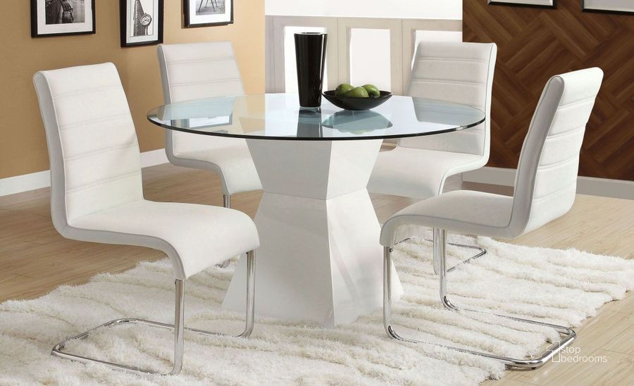 The appearance of Mauna White Glass Top Round Dining Room Set designed by Furniture of America in the modern / contemporary interior design. This white piece of furniture  was selected by 1StopBedrooms from Mauna Collection to add a touch of cosiness and style into your home. Sku: CM8371T-WH-1;CM8371T-2;CM8371WH-SC-2PK. Table Base Style: Pedestal. Table Top Shape: Round. Material: Glass. Product Type: Dining Room Set. Image1