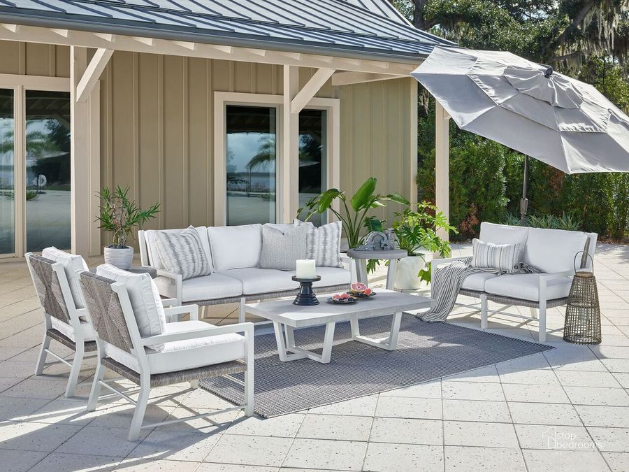 The appearance of Coastal Living South Beach Chalk Outdoor Occasional Table Set designed by Universal in the transitional interior design. This silver and white piece of furniture  was selected by 1StopBedrooms from South Beach Collection to add a touch of cosiness and style into your home. Sku: U012820;U012814. Product Type: Outdoor Set. Image1