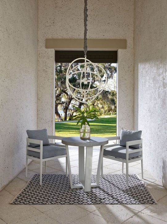 The appearance of Coastal Living South Beach Chalk Outdoor Patio Table Set designed by Universal in the transitional interior design. This silver and white piece of furniture  was selected by 1StopBedrooms from South Beach Collection to add a touch of cosiness and style into your home. Sku: U012749;U012733. Product Type: Outdoor Bar Furniture. Image1