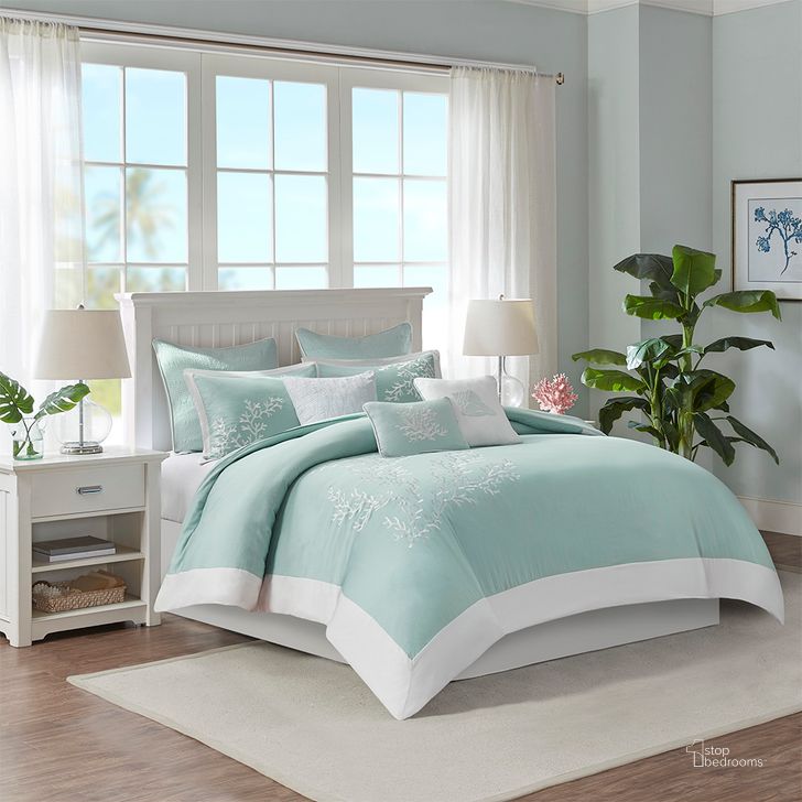 The appearance of Coastline Cotton Jacquard Queen Duvet Mini Set With Embroidery In Aqua designed by Olliix in the coastal interior design. This aqua piece of furniture  was selected by 1StopBedrooms from Coastline Collection to add a touch of cosiness and style into your home. Sku: HH12-1542. Bed Size: Queen. Material: Cotton. Product Type: Duvet Set. Image1