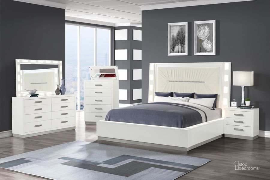 The appearance of Coco 4 Piece LED Queen Bedroom Set In Milky White designed by Galaxy Home Furnishings in the modern / contemporary interior design. This milky white piece of furniture  was selected by 1StopBedrooms from Coco Collection to add a touch of cosiness and style into your home. Sku: 659436095311. Material: Wood. Product Type: Bedroom Set. Bed Size: Queen. Image1