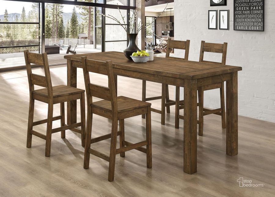 The appearance of Coleman Counter Height Dining Set designed by Coaster in the transitional interior design. This golden brown piece of furniture  was selected by 1StopBedrooms from Coleman Collection to add a touch of cosiness and style into your home. Sku: 192028;192029. Material: Wood. Product Type: Dining Room Set. Table Top Shape: Rectangular. Image1