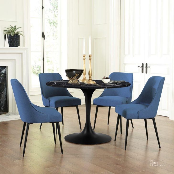 The appearance of Colfax Black Marquina Marble 5Pc Dining Set In Blue Chairs designed by Steve Silver in the modern / contemporary interior design. This black piece of furniture  was selected by 1StopBedrooms from Colfax Collection to add a touch of cosiness and style into your home. Sku: CF450KDB;CF450KMT;CF450SN;CF450SN. Product Type: Dining Room Set. Material: MDF. Image1