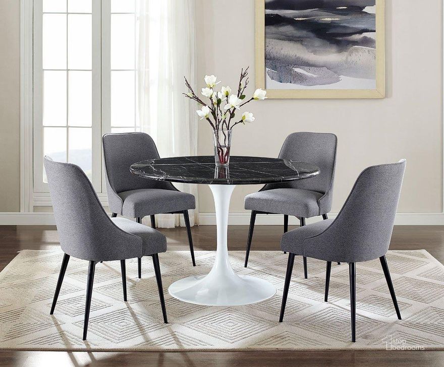 The appearance of Colfax Dining Room Set (Black/White) designed by Steve Silver in the transitional interior design. This black/white piece of furniture  was selected by 1StopBedrooms from Colfax Collection to add a touch of cosiness and style into your home. Sku: CF450WDB;CF450WMT;CF450SC. Table Base Style: Pedestal. Table Top Shape: Round. Product Type: Dining Room Set. Material: MDF. Size: 45". Image1