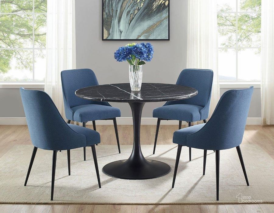 The appearance of Colfax Dining Room Set With Navy Chairs (Black) designed by Steve Silver in the transitional interior design. This black piece of furniture  was selected by 1StopBedrooms from Colfax Collection to add a touch of cosiness and style into your home. Sku: CF450KDB;CF450KMT;CF450SN. Table Base Style: Pedestal. Table Top Shape: Round. Product Type: Dining Room Set. Material: MDF. Size: 45". Image1