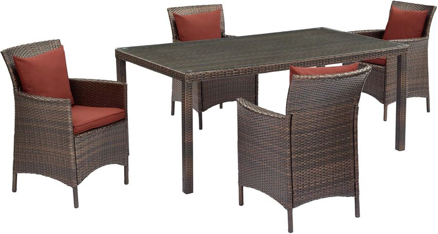 The appearance of Conduit Brown Currant 5 Piece Outdoor Patio Wicker Rattan Set EEI-3892-BRN-CUR-SET designed by Modway in the modern / contemporary interior design. This brown currant piece of furniture  was selected by 1StopBedrooms from Conduit Collection to add a touch of cosiness and style into your home. Sku: EEI-3892-BRN-CUR-SET. Material: Rattan. Product Type: Outdoor Conversation Set. Image1