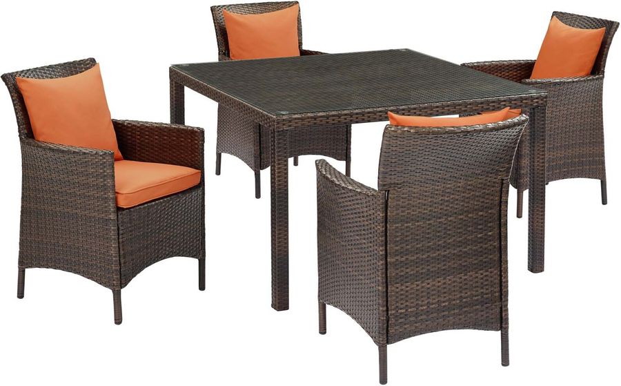 The appearance of Conduit Brown Orange 5 Piece Outdoor Patio Wicker Rattan Set EEI-3893-BRN-ORA-SET designed by Modway in the modern / contemporary interior design. This brown orange piece of furniture  was selected by 1StopBedrooms from Conduit Collection to add a touch of cosiness and style into your home. Sku: EEI-3893-BRN-ORA-SET. Material: Rattan. Product Type: Outdoor Conversation Set. Image1