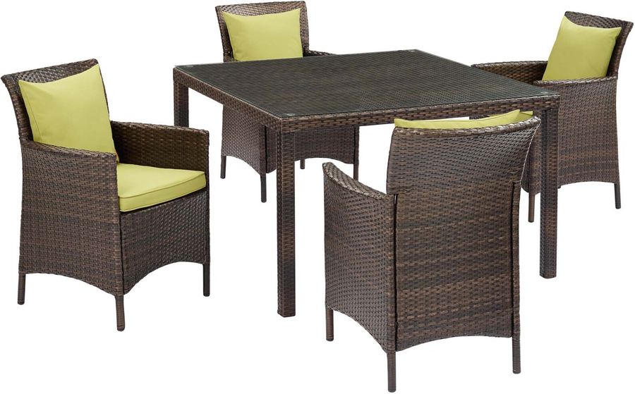 The appearance of Conduit Brown Peridot 5 Piece Outdoor Patio Wicker Rattan Set EEI-3893-BRN-PER-SET designed by Modway in the modern / contemporary interior design. This brown peridot piece of furniture  was selected by 1StopBedrooms from Conduit Collection to add a touch of cosiness and style into your home. Sku: EEI-3893-BRN-PER-SET. Material: Rattan. Product Type: Outdoor Conversation Set. Image1