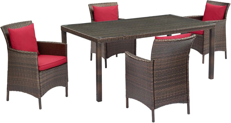 The appearance of Conduit Brown Red 5 Piece Outdoor Patio Wicker Rattan Set EEI-3892-BRN-RED-SET designed by Modway in the modern / contemporary interior design. This brown red piece of furniture  was selected by 1StopBedrooms from Conduit Collection to add a touch of cosiness and style into your home. Sku: EEI-3892-BRN-RED-SET. Material: Rattan. Product Type: Outdoor Conversation Set. Image1