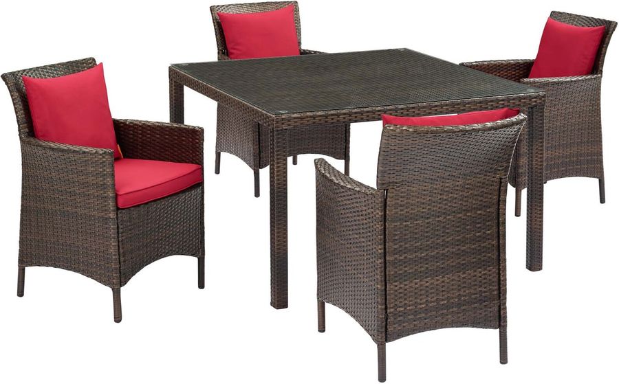 The appearance of Conduit Brown Red 5 Piece Outdoor Patio Wicker Rattan Set EEI-3893-BRN-RED-SET designed by Modway in the modern / contemporary interior design. This brown red piece of furniture  was selected by 1StopBedrooms from Conduit Collection to add a touch of cosiness and style into your home. Sku: EEI-3893-BRN-RED-SET. Material: Rattan. Product Type: Outdoor Conversation Set. Image1
