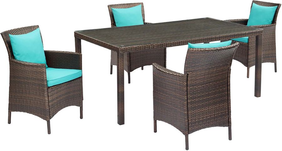 The appearance of Conduit Brown Turquoise 5 Piece Outdoor Patio Wicker Rattan Set EEI-3892-BRN-TRQ-SET designed by Modway in the modern / contemporary interior design. This brown turquoise piece of furniture  was selected by 1StopBedrooms from Conduit Collection to add a touch of cosiness and style into your home. Sku: EEI-3892-BRN-TRQ-SET. Material: Rattan. Product Type: Outdoor Conversation Set. Image1