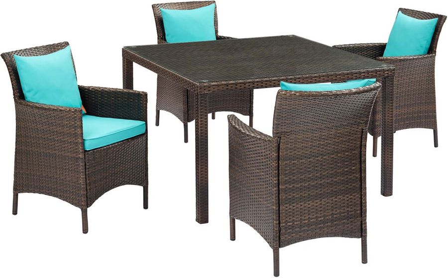 The appearance of Conduit Brown Turquoise 5 Piece Outdoor Patio Wicker Rattan Set EEI-3893-BRN-TRQ-SET designed by Modway in the modern / contemporary interior design. This brown turquoise piece of furniture  was selected by 1StopBedrooms from Conduit Collection to add a touch of cosiness and style into your home. Sku: EEI-3893-BRN-TRQ-SET. Material: Rattan. Product Type: Outdoor Conversation Set. Image1