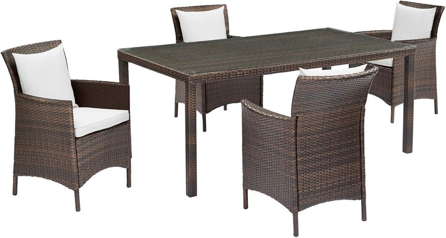 The appearance of Conduit Brown White 5 Piece Outdoor Patio Wicker Rattan Set EEI-3892-BRN-WHI-SET designed by Modway in the modern / contemporary interior design. This brown white piece of furniture  was selected by 1StopBedrooms from Conduit Collection to add a touch of cosiness and style into your home. Sku: EEI-3892-BRN-WHI-SET. Material: Rattan. Product Type: Outdoor Conversation Set. Image1