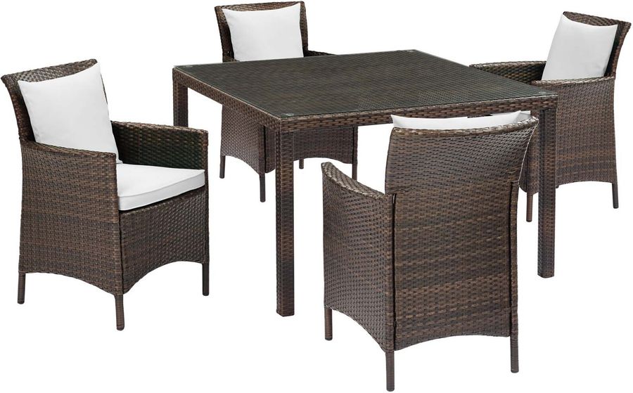 The appearance of Conduit Brown White 5 Piece Outdoor Patio Wicker Rattan Set EEI-3893-BRN-WHI-SET designed by Modway in the modern / contemporary interior design. This brown white piece of furniture  was selected by 1StopBedrooms from Conduit Collection to add a touch of cosiness and style into your home. Sku: EEI-3893-BRN-WHI-SET. Material: Rattan. Product Type: Outdoor Conversation Set. Image1
