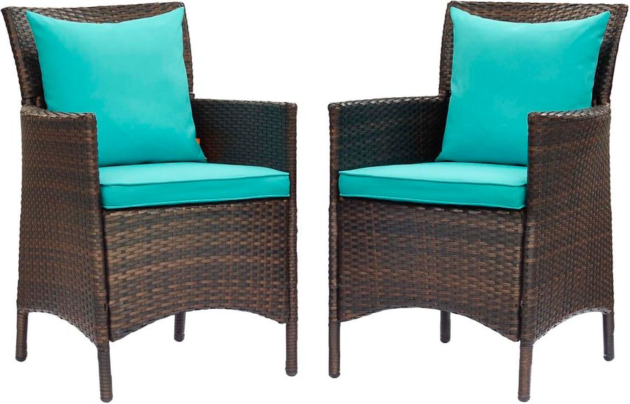 The appearance of Conduit Outdoor Patio Wicker Rattan Dining Armchair Set of 2 EEI-4030-BRN-TRQ designed by Modway in the modern / contemporary interior design. This brown turquoise piece of furniture  was selected by 1StopBedrooms from Conduit Collection to add a touch of cosiness and style into your home. Sku: EEI-4030-BRN-TRQ. Material: Rattan. Product Type: Outdoor Dining Chair. Image1