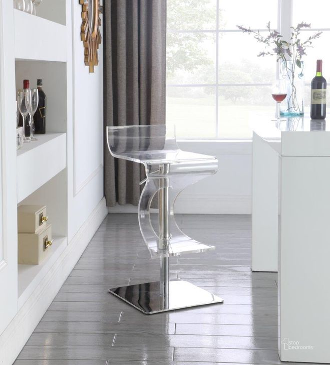 The appearance of Contemporary Pneumatic Adjustable Stool with Acrylic Seat designed by Chintaly Imports in the modern / contemporary interior design. This chrome piece of furniture  was selected by 1StopBedrooms from  to add a touch of cosiness and style into your home. Sku: 4029-AS-CLR. Product Type: Counter Height Chair. Material: Acrylic. Image1